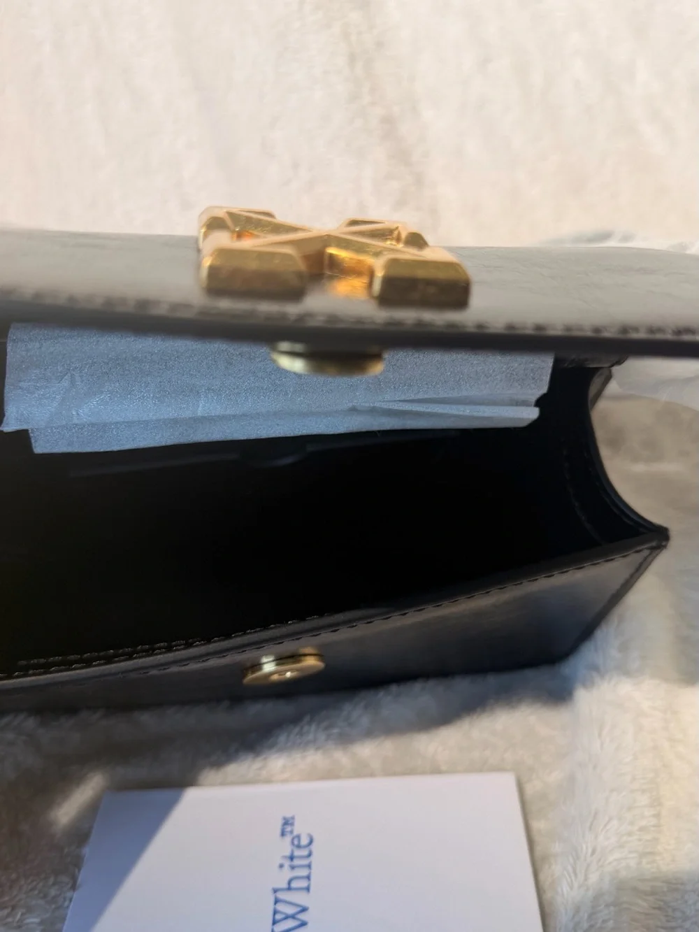 Off-White Black Leather Crossbody with Gold Arrow Emblem